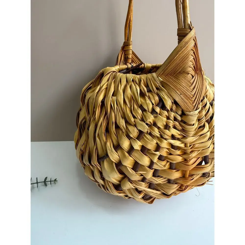 Vintage Handwoven Banana Leaf Basket with Handle | Cottagecore Farmhouse Rustic